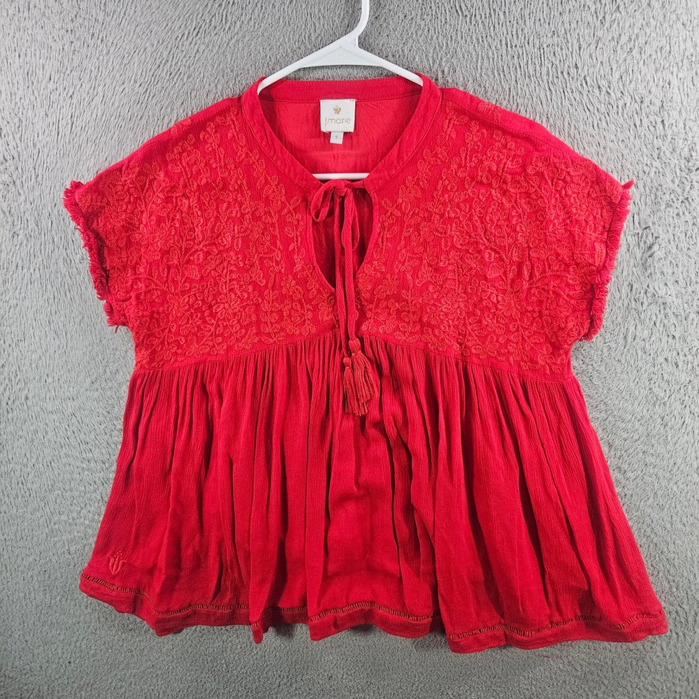 J.Marie Red Embroidered Babydoll Blouse Tassel Tie Cap Sleeve Womens S